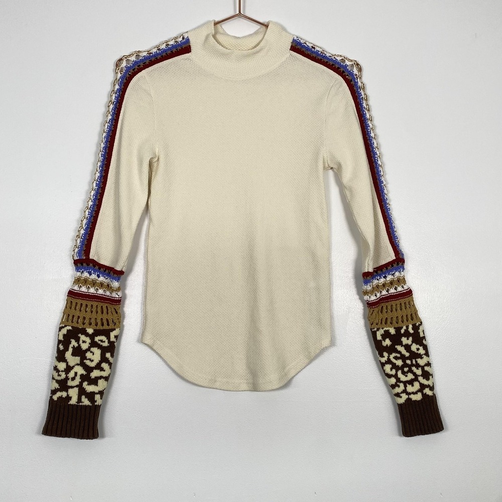 Free People Sweater Womens Small Multicolor Mock Neck Crochet Animal Sleeves‎
